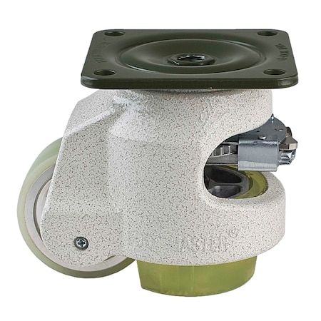 Foot Master Leveling Caster, Ratchet, 63 mm PU Wheel, 90x90 mm Plate, Swivel, 550 kg Cap, PU Foot Pad, Ivory GDR-80-F-HUP-CUR